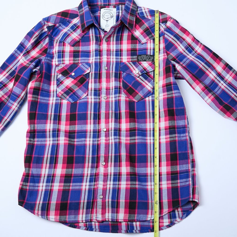 Diesel Plaid Pearl Snaps Long Sleeve Shirt Western Cowboy Men's Medium Pink Blue - Picture 8 of 8
